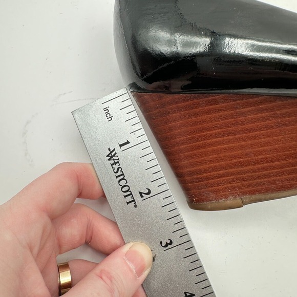 Tory Burch Lowell Wedge Heels Womens 7M Black Patent Leather Peep Toe Luxury CEO - Picture 10 of 10